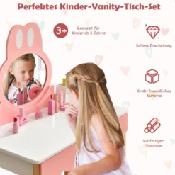 Kinder Schminktisch Schminkkommode mit Hocker Frisiertisch mit Spiegel 60 x 34 x 103 cm Rosa