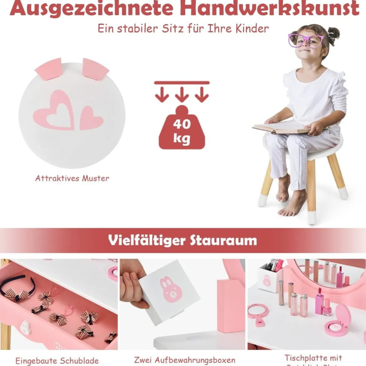 Kinder Schminktisch Schminkkommode mit Hocker Frisiertisch mit Spiegel 60 x 34 x 103 cm Rosa