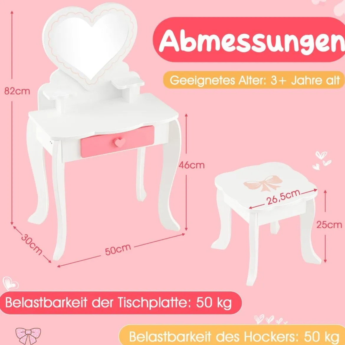 Kinder Schminktisch Set mit ♡Herzförmigem Spiegel & Hocker & Schublade & Zubehör