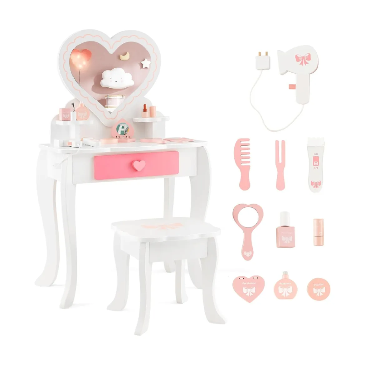 Kinder Schminktisch Set mit ♡Herzförmigem Spiegel & Hocker & Schublade & Zubehör