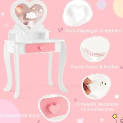 Kinder Schminktisch Set mit ♡Herzförmigem Spiegel & Hocker & Schublade & Zubehör
