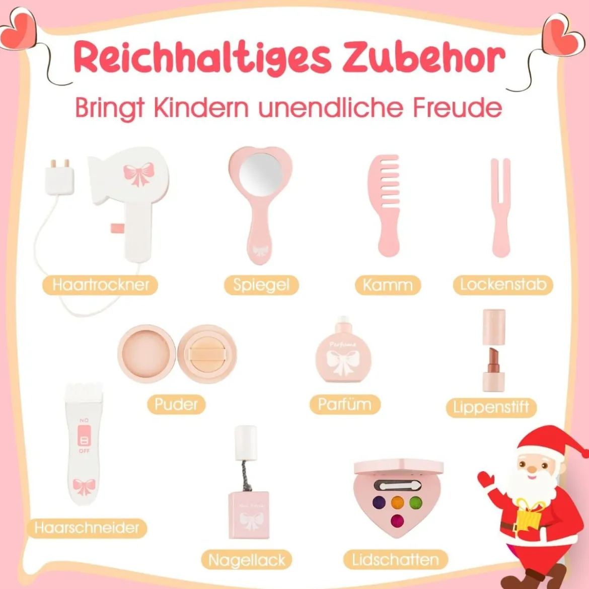 Kinder Schminktisch Set mit ♡Herzförmigem Spiegel & Hocker & Schublade & Zubehör