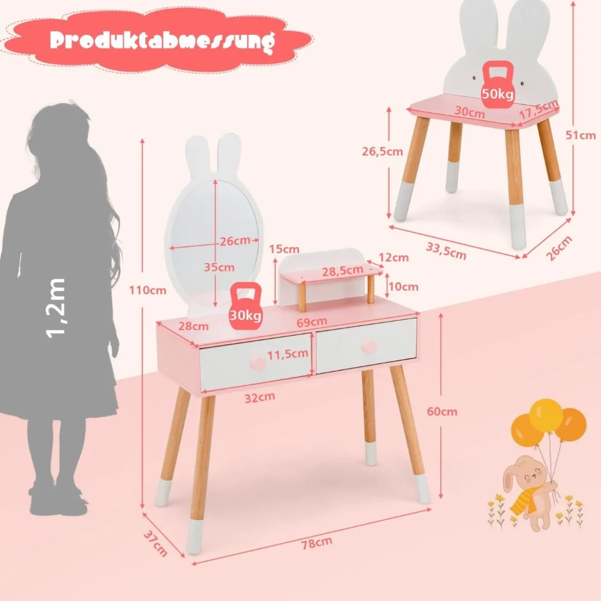 Kinder Schminktisch Set mit Kaninchen Design Schminkset mit Massivholzbeinen