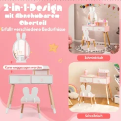 Kinder Schminktisch Set mit Kaninchen Design Schminkset mit Massivholzbeinen