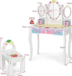 Kinderschminktisch Set Prinzessin Frisiertisch mit Klappbarem Spiegel 70 x 34 x 105 cm Weiß