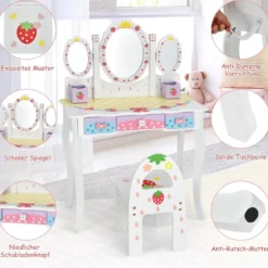 Kinderschminktisch Set Prinzessin Frisiertisch mit Klappbarem Spiegel 70 x 34 x 105 cm Weiß