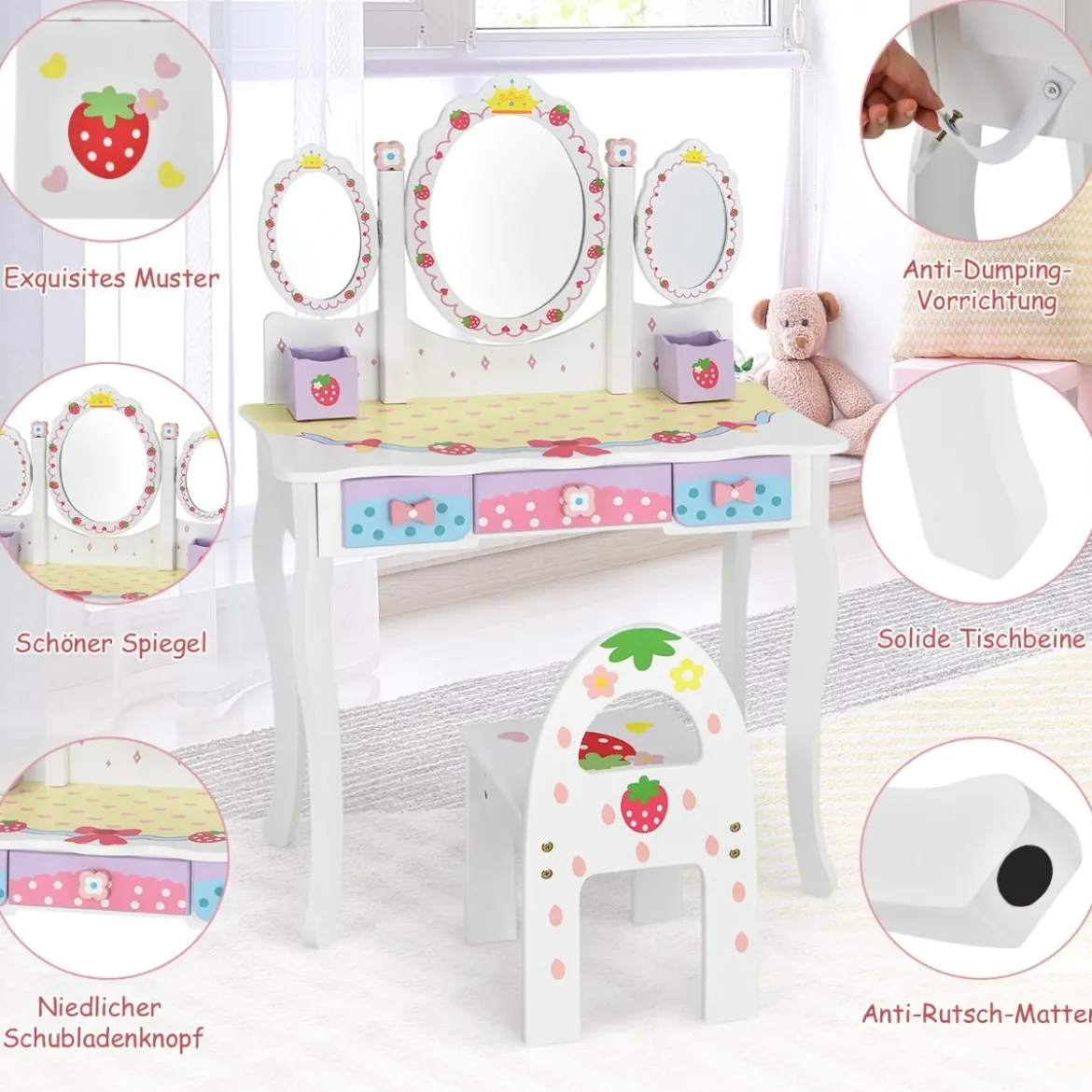 Kinderschminktisch Set Prinzessin Frisiertisch mit Klappbarem Spiegel 70 x 34 x 105 cm Weiß