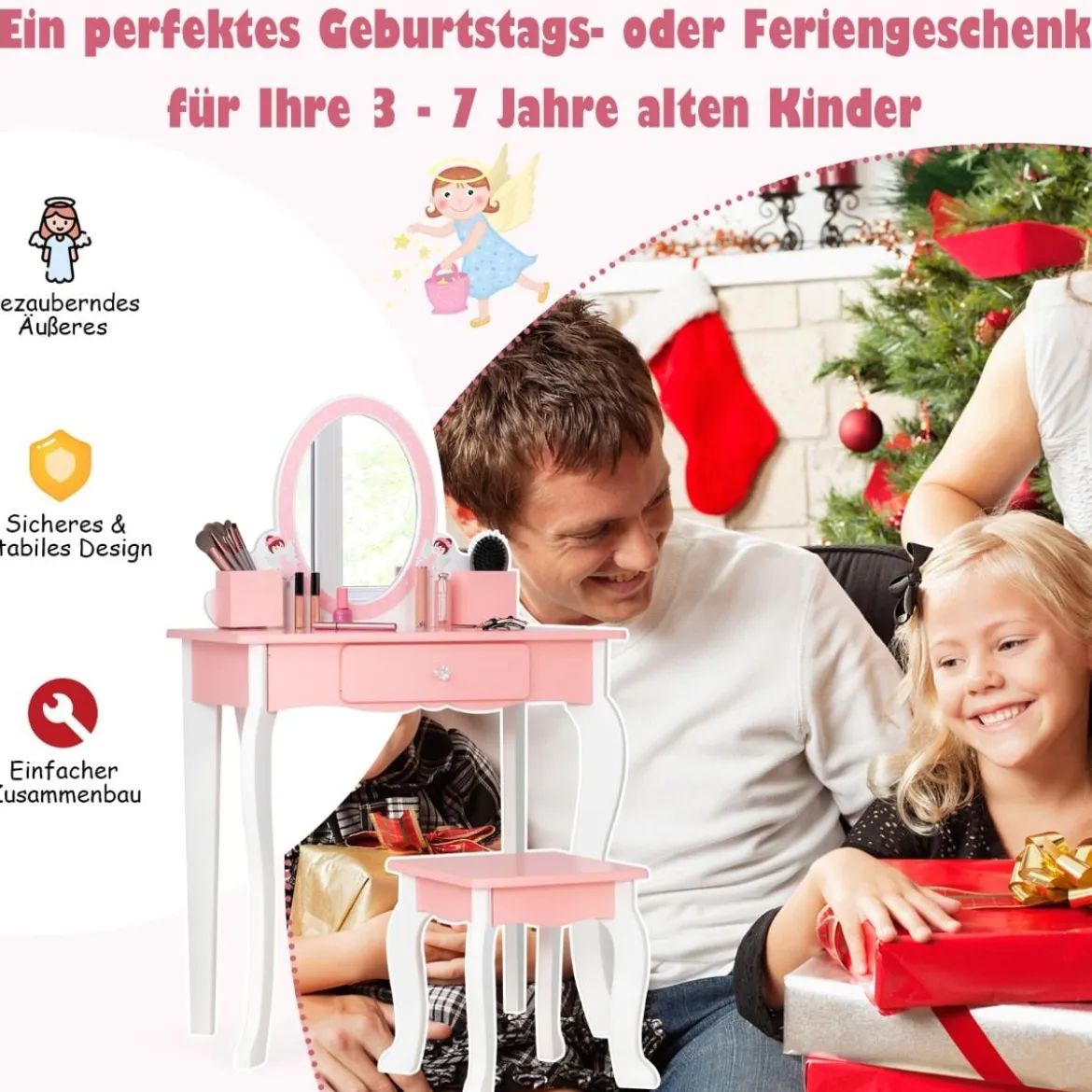 Kinder-Schminktisch und Hocker aus Holz mit Spiegel Schublade 62 x 32 x 93 cm Rosa + Weiß