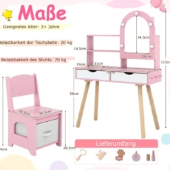 Kinderschminktisch- und Stuhl-Set Frisiertisch mit Spiegel mit 3-Farbbeleuchtung einstellbare Helligkeit Rosa
