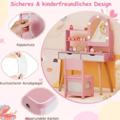 Kinderschminktisch- und Stuhl-Set Frisiertisch mit Spiegel mit 3-Farbbeleuchtung einstellbare Helligkeit Rosa