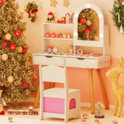 Kinderschminktisch- und Stuhl-Set Frisiertisch mit Spiegel mit 3-Farbbeleuchtung einstellbare Helligkeit Weiß