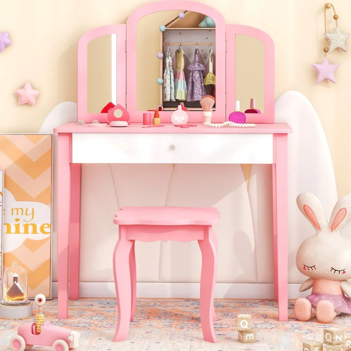 Kinder Schminktisch- und Stuhl-Set Schminktisch-Set mit Klappbarem Spiegel & Schublade Rosa + Weiß