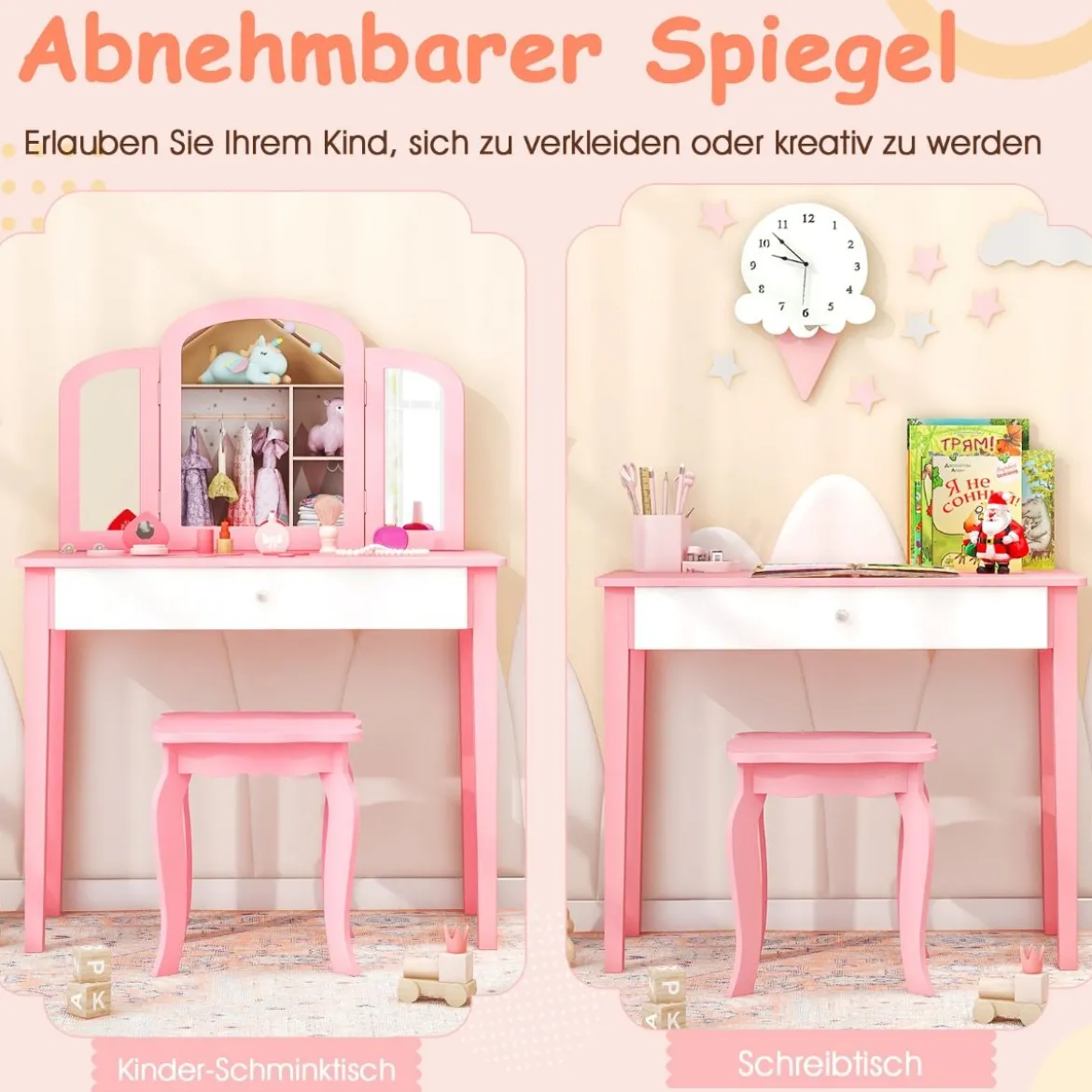 Kinder Schminktisch- und Stuhl-Set Schminktisch-Set mit Klappbarem Spiegel & Schublade Rosa + Weiß