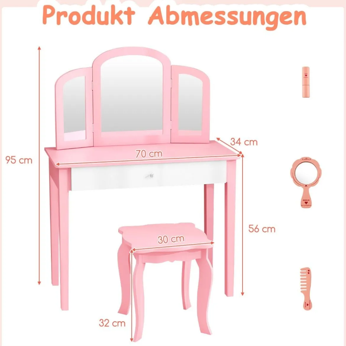 Kinder Schminktisch- und Stuhl-Set Schminktisch-Set mit Klappbarem Spiegel & Schublade Rosa + Weiß