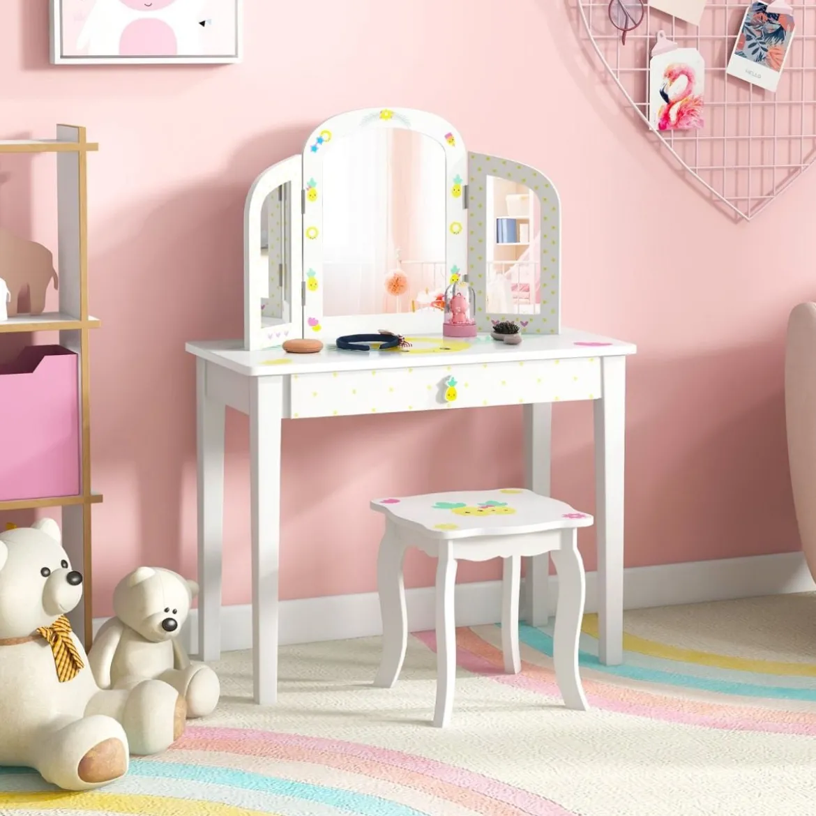 Kinder Schminktisch und Stuhl Set Kinder Frisiertisch mit Dreifach Klappbarem Spiegel Weiß