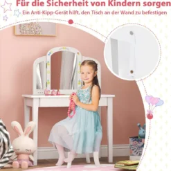 Kinder Schminktisch und Stuhl Set Kinder Frisiertisch mit Dreifach Klappbarem Spiegel Weiß