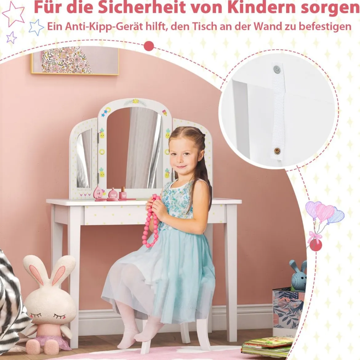 Kinder Schminktisch und Stuhl Set Kinder Frisiertisch mit Dreifach Klappbarem Spiegel Weiß