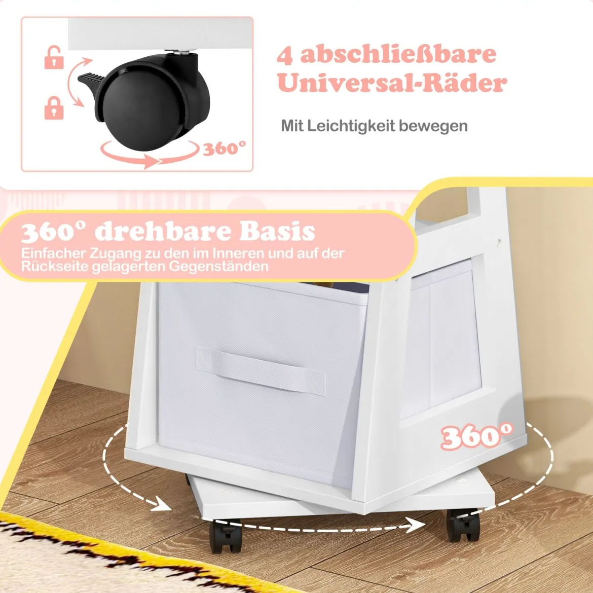 Kinder Schmuckschrank 3 in 1 Spiegelschrank 360°drehbarSchmuckregal mit Ganzkörperspiegel Weiß
