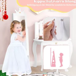 Kinder Schmuckschrank 3 in 1 Spiegelschrank 360°drehbarSchmuckregal mit Ganzkörperspiegel Weiß