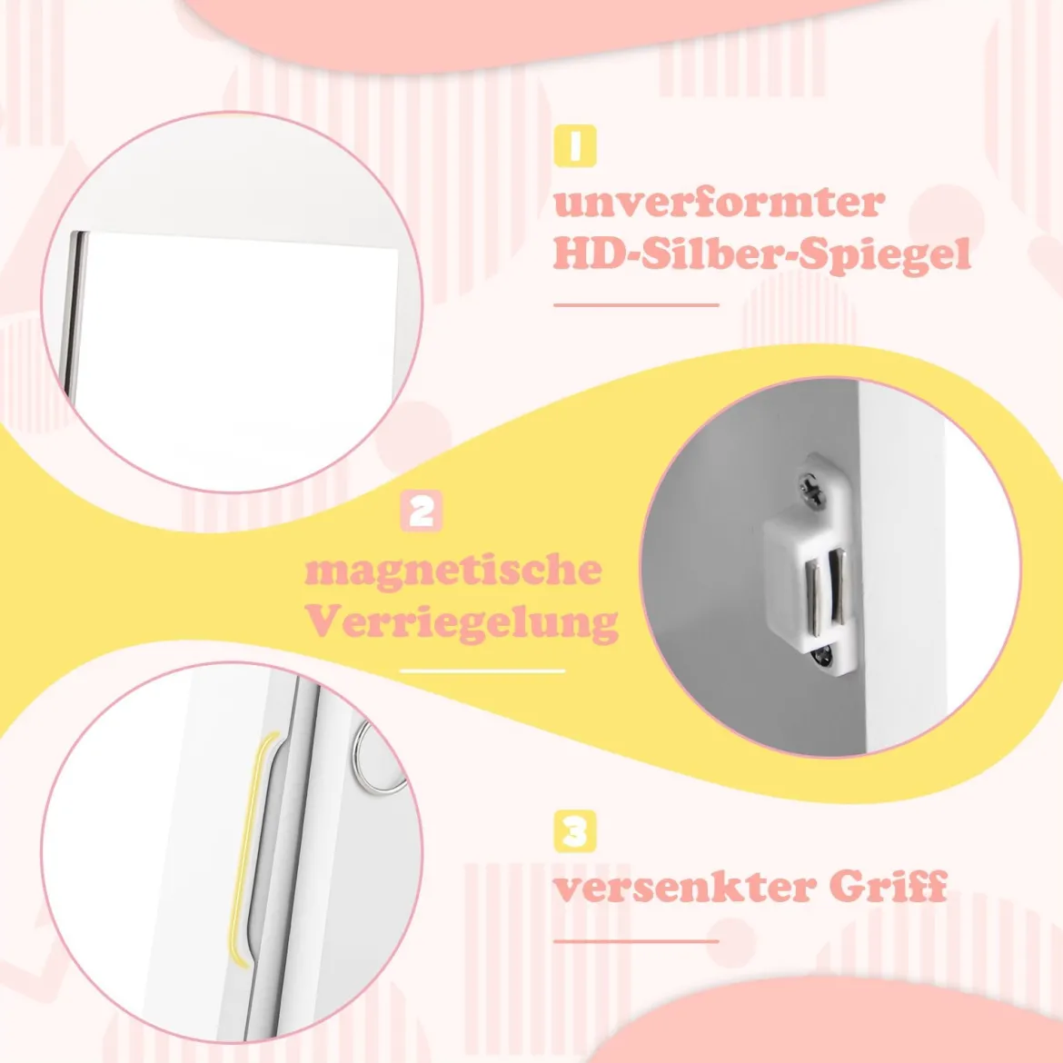 Kinder Schmuckschrank 3 in 1 Spiegelschrank 360°drehbarSchmuckregal mit Ganzkörperspiegel Weiß