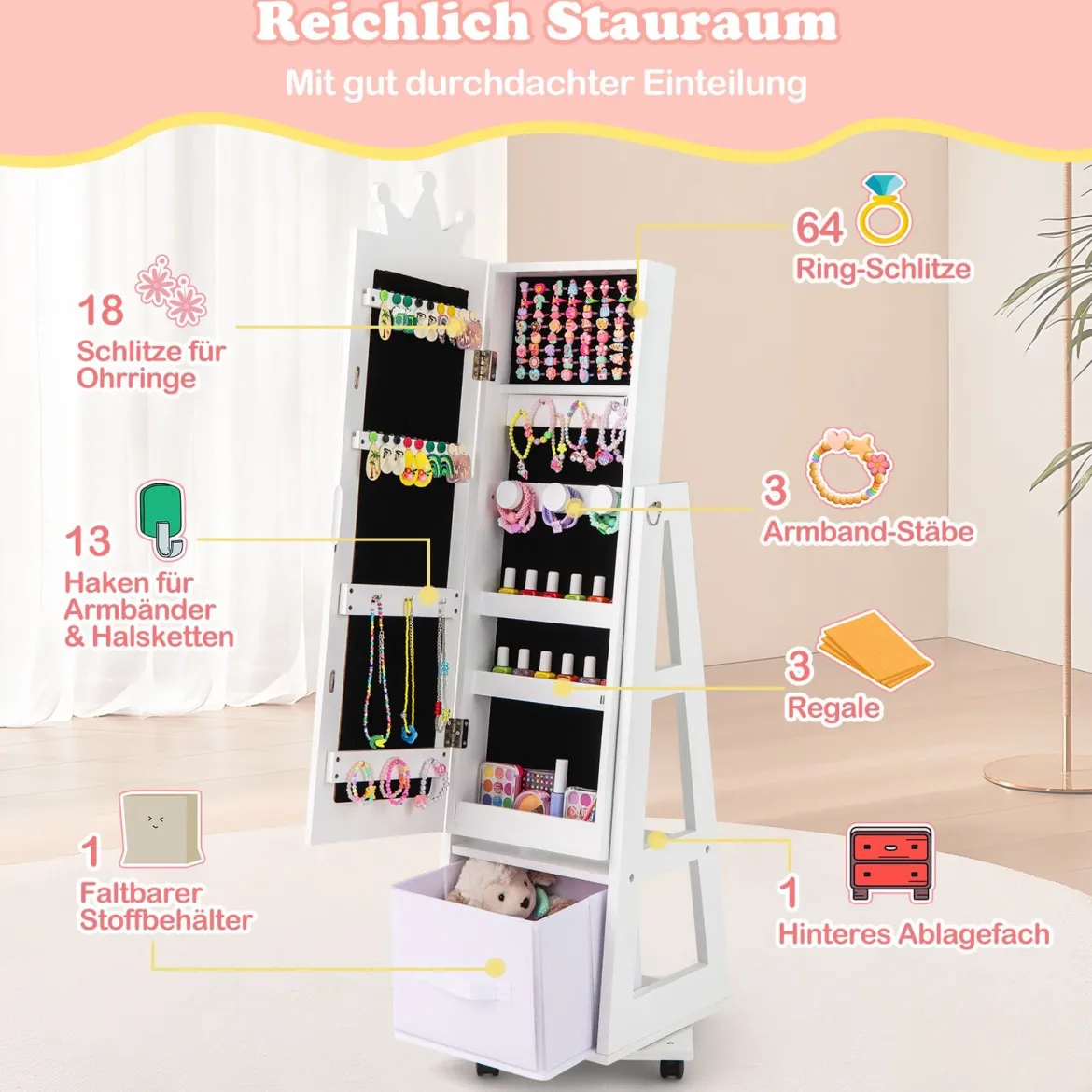 Kinder Schmuckschrank 3 in 1 Spiegelschrank 360°drehbarSchmuckregal mit Ganzkörperspiegel Weiß