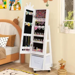 Kinder Schmuckschrank 3 in 1 Spiegelschrank 360°drehbarSchmuckregal mit Ganzkörperspiegel Weiß