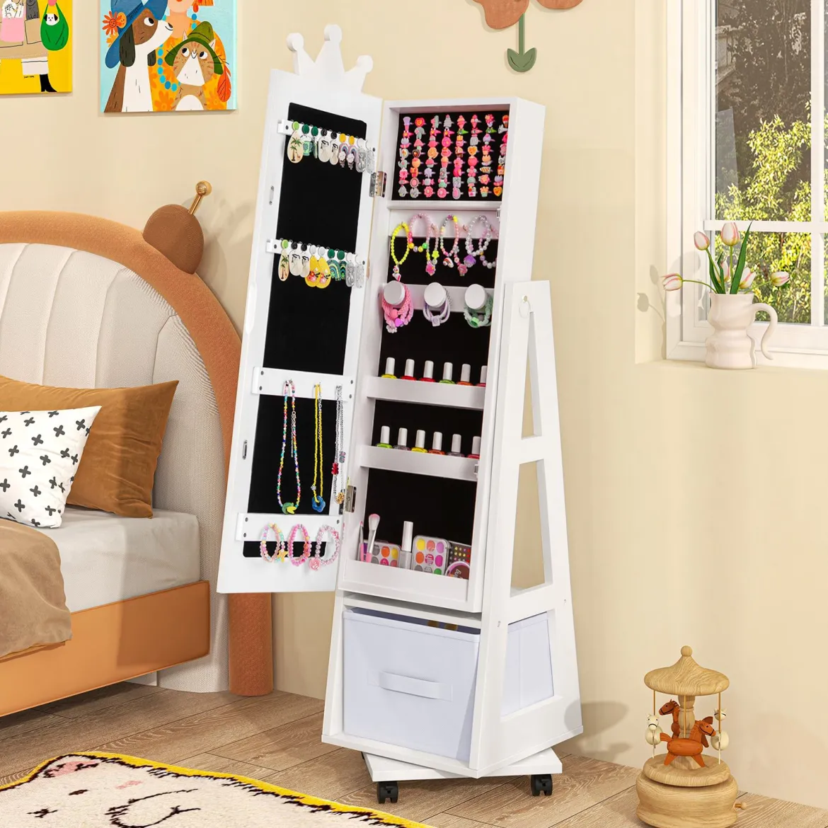Kinder Schmuckschrank 3 in 1 Spiegelschrank 360°drehbarSchmuckregal mit Ganzkörperspiegel Weiß
