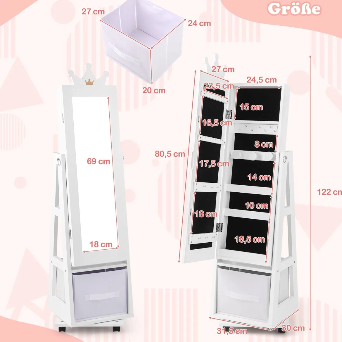 Kinder Schmuckschrank 3 in 1 Spiegelschrank 360°drehbarSchmuckregal mit Ganzkörperspiegel Weiß