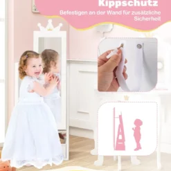 Kinder Schmuckschrank 3 in 1 Spiegelschrank neigbar mit Ganzkörperspiegel Weiß/Rosa