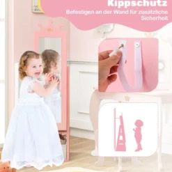 Kinder Schmuckschrank 3 in 1 Spiegelschrank neigbar mit Ganzkörperspiegel Weiß/Rosa