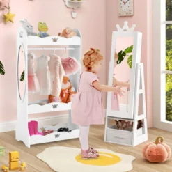 Kinder Schmuckschrank 3 in 1 Spiegelschrank neigbar mit Ganzkörperspiegel Weiß/Rosa
