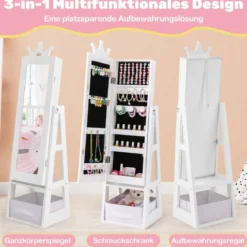 Kinder Schmuckschrank 3 in 1 Spiegelschrank neigbar mit Ganzkörperspiegel Weiß/Rosa