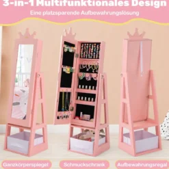 Kinder Schmuckschrank 3 in 1 Spiegelschrank neigbar mit Ganzkörperspiegel Weiß/Rosa