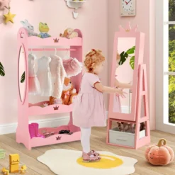 Kinder Schmuckschrank 3 in 1 Spiegelschrank neigbar mit Ganzkörperspiegel Weiß/Rosa