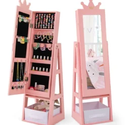 Kinder Schmuckschrank 3 in 1 Spiegelschrank neigbar mit Ganzkörperspiegel Weiß/Rosa