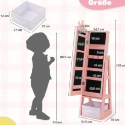 Kinder Schmuckschrank 3 in 1 Spiegelschrank neigbar mit Ganzkörperspiegel Weiß/Rosa