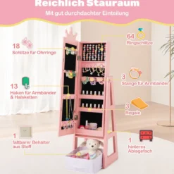 Kinder Schmuckschrank 3 in 1 Spiegelschrank neigbar mit Ganzkörperspiegel Weiß/Rosa