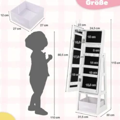 Kinder Schmuckschrank 3 in 1 Spiegelschrank neigbar mit Ganzkörperspiegel Weiß/Rosa
