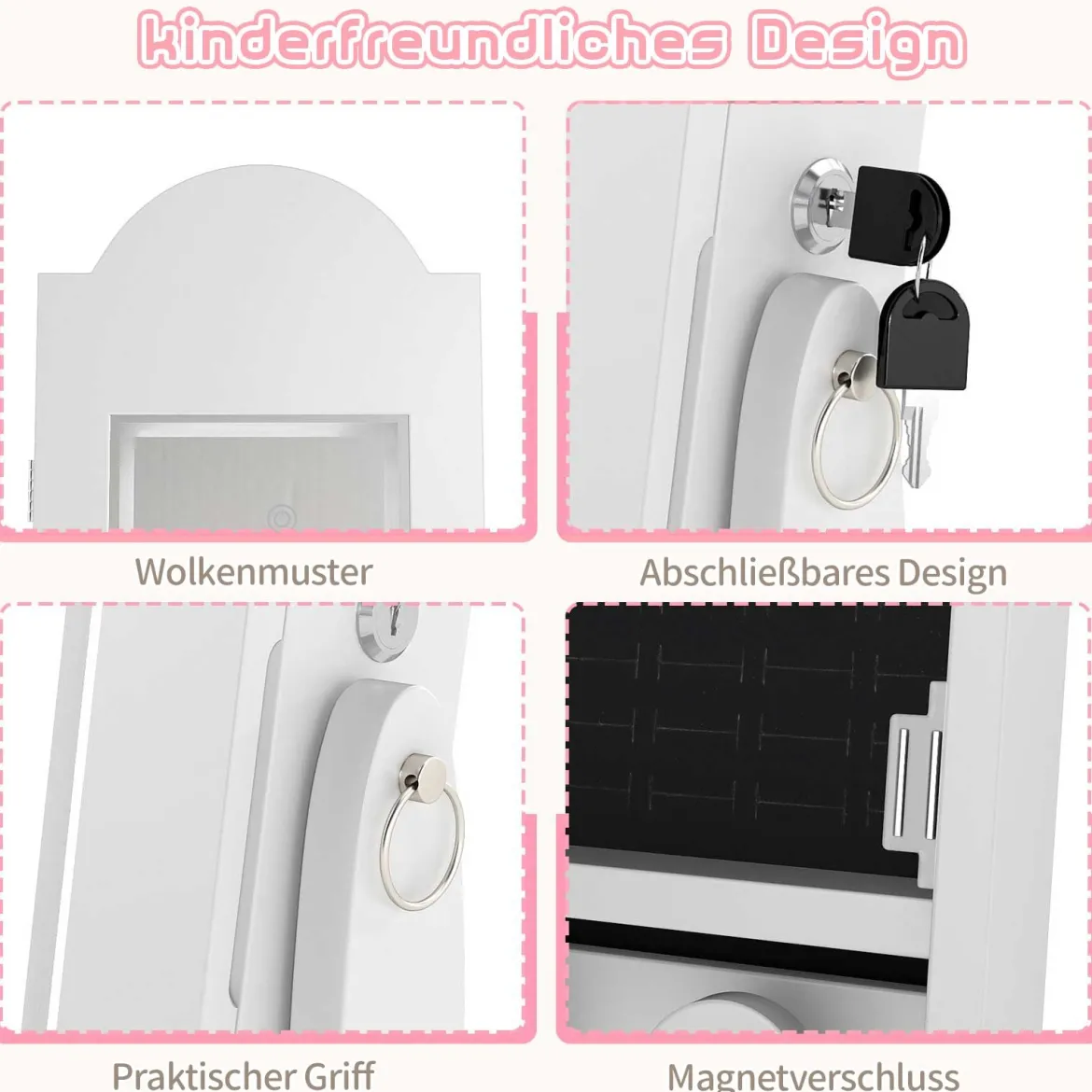 Kinder Schmuckschrank mit Beleuchtung Stehender Schmuckorganizer mit Ganzkörperspiegel Weiß
