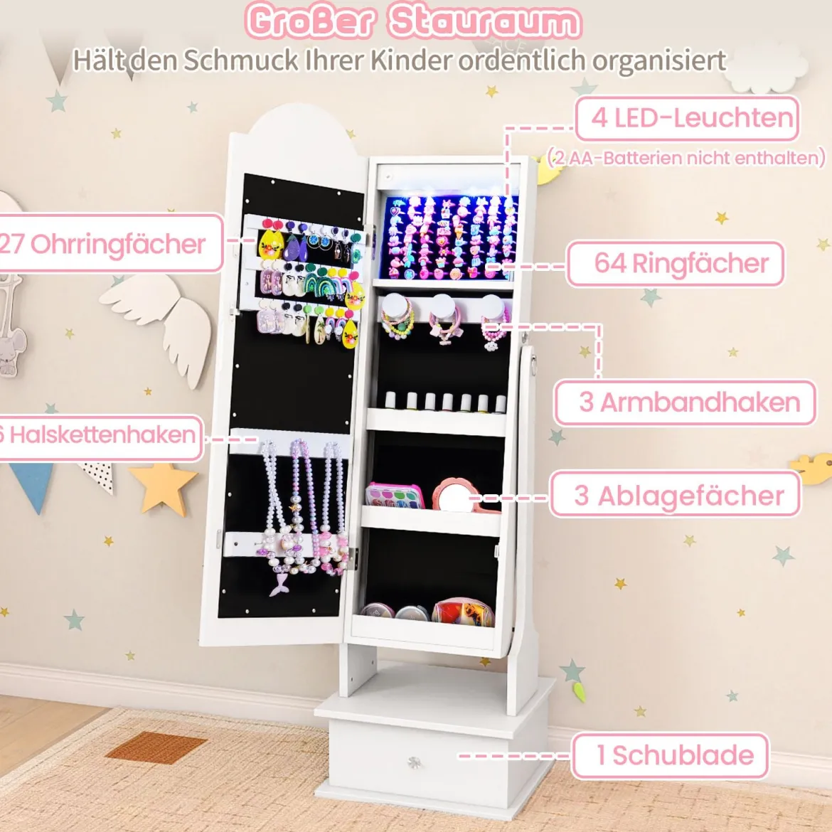 Kinder Schmuckschrank mit Beleuchtung Stehender Schmuckorganizer mit Ganzkörperspiegel Weiß