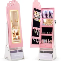 Kinder Schmuckschrank mit Beleuchtung stehender Schmuckorganizer für Kinder mit Ganzkörperspiegel Rosa