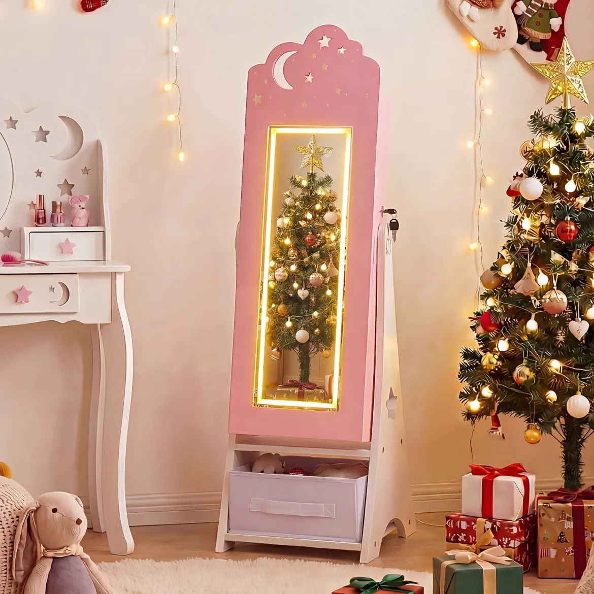Kinder Schmuckschrank mit Beleuchtung stehender Schmuckorganizer für Kinder mit Ganzkörperspiegel Rosa