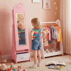 Kinder Schmuckschrank mit Beleuchtung stehender Schmuckorganizer für Kinder mit Ganzkörperspiegel Rosa