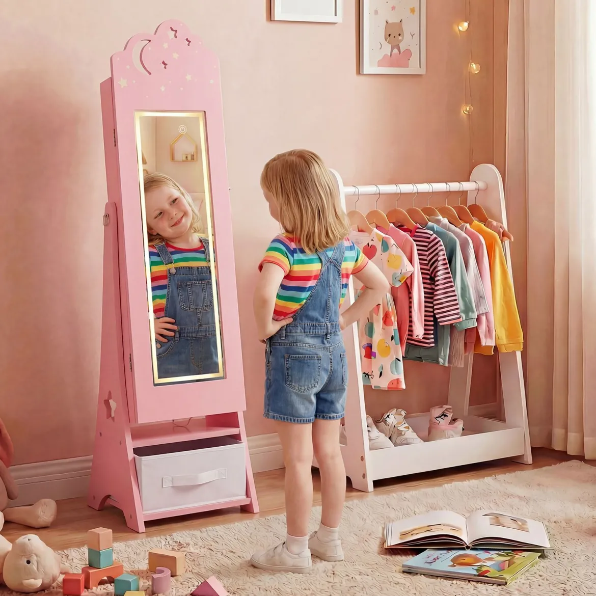 Kinder Schmuckschrank mit Beleuchtung stehender Schmuckorganizer für Kinder mit Ganzkörperspiegel Rosa