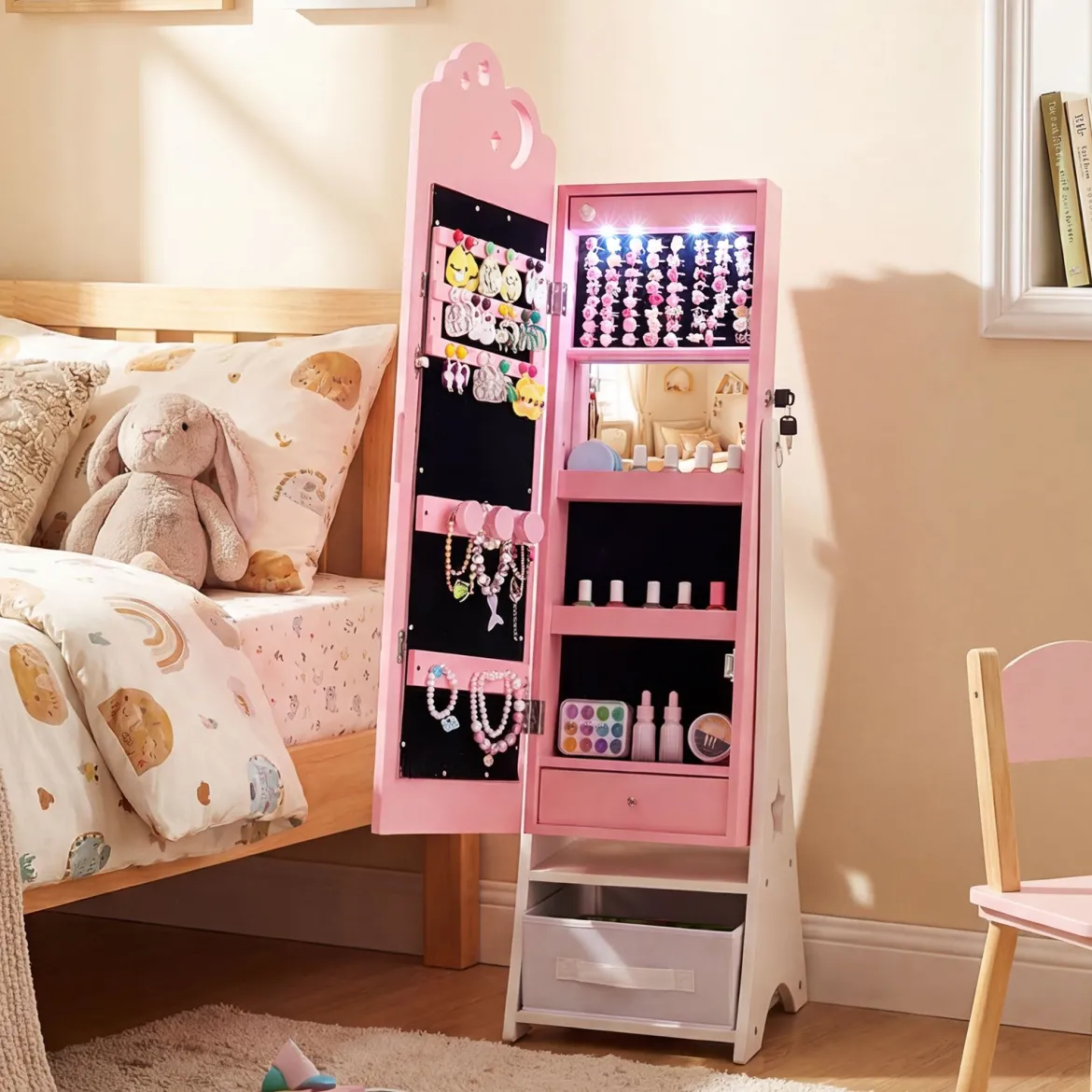 Kinder Schmuckschrank mit Beleuchtung stehender Schmuckorganizer für Kinder mit Ganzkörperspiegel Rosa