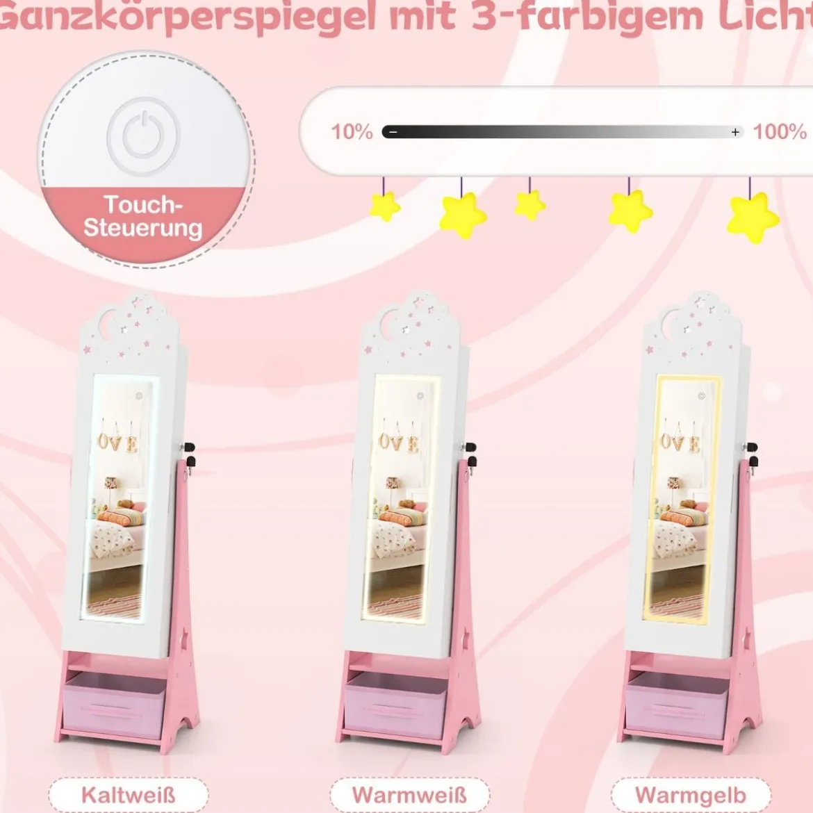 Kinder Schmuckschrank mit Beleuchtung Stehender Schmuckorganizer mit Ganzkörperspiegel Weiß
