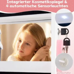 Kinder Schmuckschrank mit Beleuchtung Stehender Schmuckorganizer mit Ganzkörperspiegel Weiß