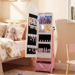 Kinder Schmuckschrank mit Beleuchtung Stehender Schmuckorganizer mit Ganzkörperspiegel Weiß