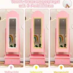 Kinder Schmuckschrank mit Beleuchtung Stehender Schmuckorganizer mit Ganzkörperspiegel Rosa