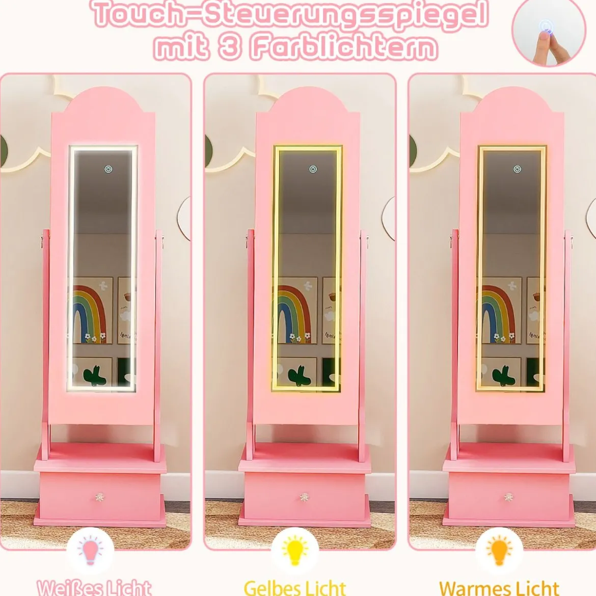 Kinder Schmuckschrank mit Beleuchtung Stehender Schmuckorganizer mit Ganzkörperspiegel Rosa